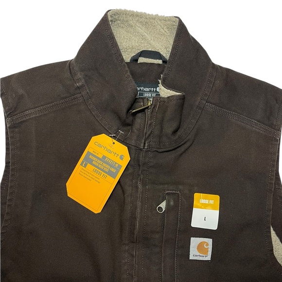 NEW Carhartt Mens Brown Canvas Duck Sherpa Lined Mock Neck Vest Loose Fit Size L - Picture 6 of 16